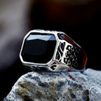Punk Vintage Rectangle Shape Rings With Black Stone Stainless Steel Cool Fashion Carved Ring For Men Women Amulet Jewelry Gifts