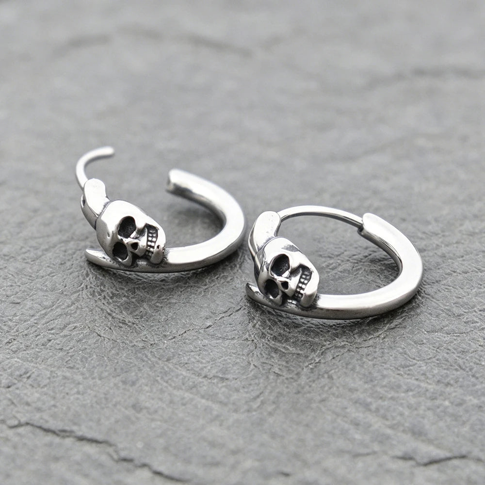 Skull Hoop Earrings Punk Party Men Women — 316L Stainless Steel