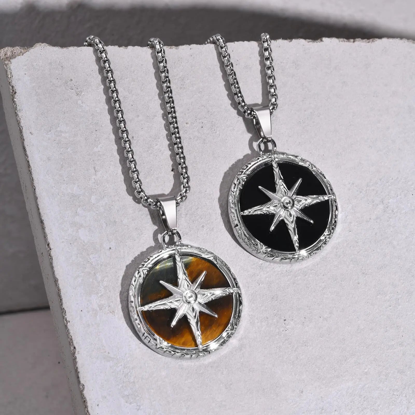 Eight-Pointed Star Stone Round Pendant Necklace