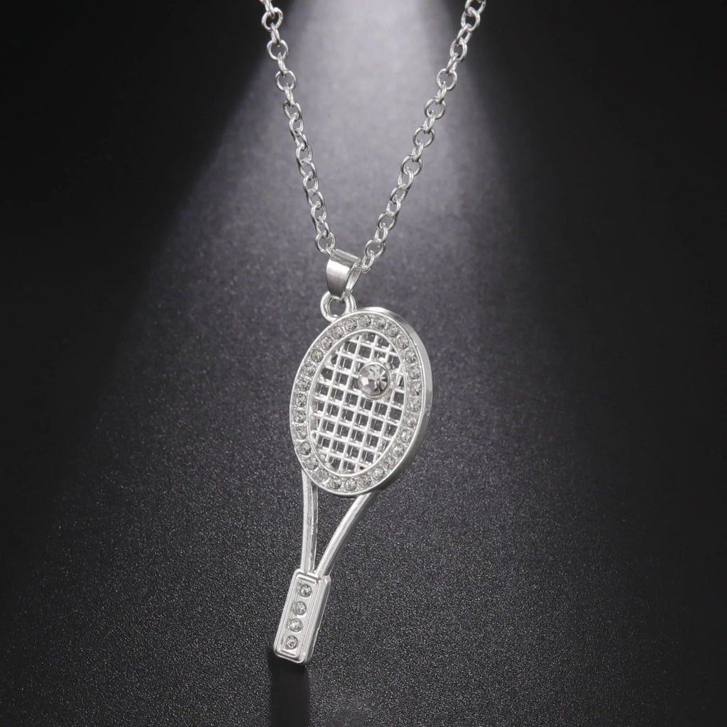 HIPEE Trendy Zinc Alloy Shiny Crystal Tennis Racket Pendant Necklace for Women Girls Sports Series Charm Necklaces Party Jewelry
