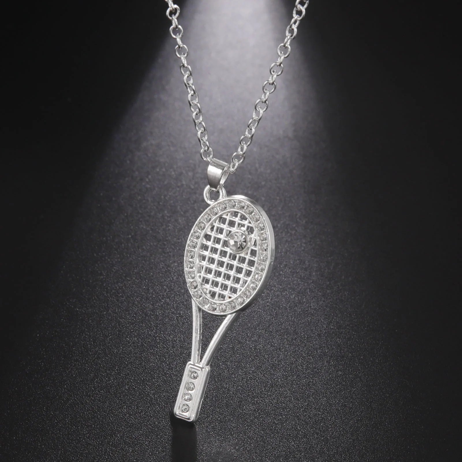 HIPEE Trendy Zinc Alloy Shiny Crystal Tennis Racket Pendant Necklace for Women Girls Sports Series Charm Necklaces Party Jewelry