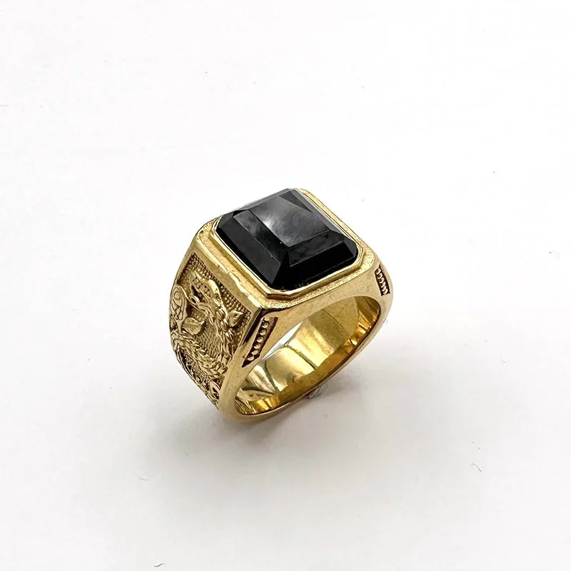 Viking Black Stone Vintage 316L Stainless Steel Ring Snake Pattern Gold Color Unisex Punk Gift For Men Classic Jewelry