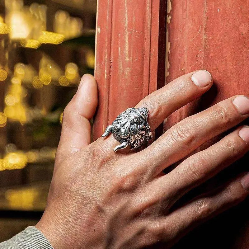 Retro Mahakala Mask Ring For Men Silver Color Punk Gothic Rock Hiphop Adjustable Open Ring Jewelry Biker Accessories