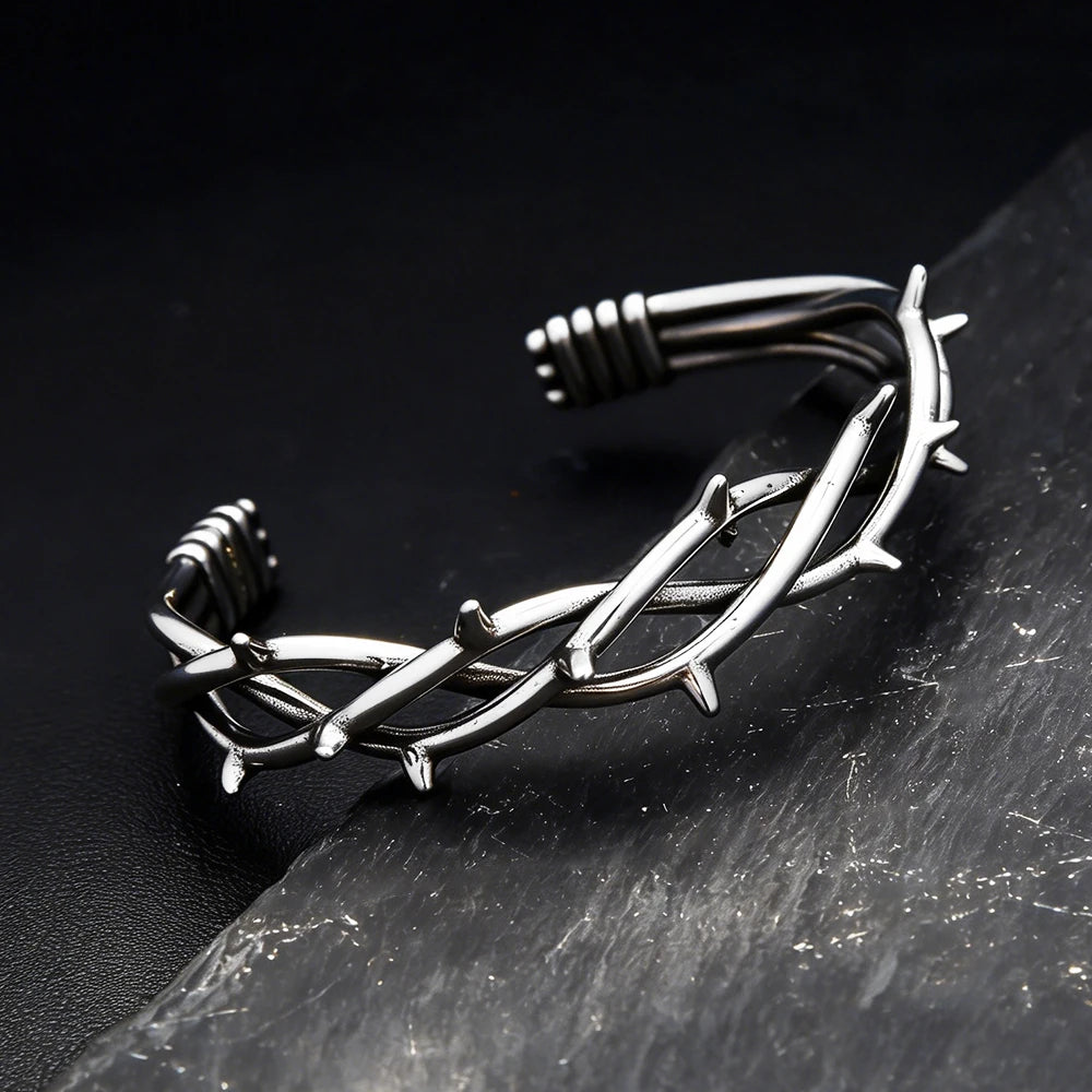 Vintage Gothic Thorn Open Cuff Bracelet For Men Women Stainless Steel Twisted Bangles Punk Rock Wrist Jewelry Fashion
