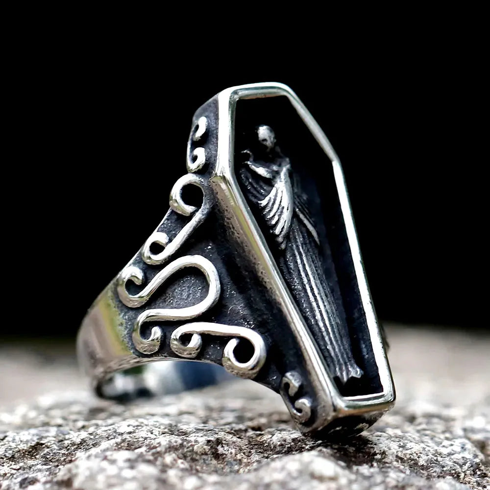 Gothic Coffin Skull Stainless Steel Ring Biker Punk Retro Street Fashion Wear Accessories Party Jewelry Gifts For Men