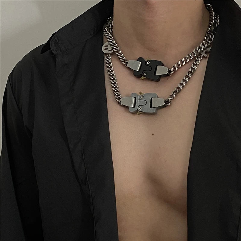 HANGZHI 2021 NEW Hip Hop Punk Titanium Steel Street Men and Women Letters Metal Safety Buckle Necklace Fashion Jewelry