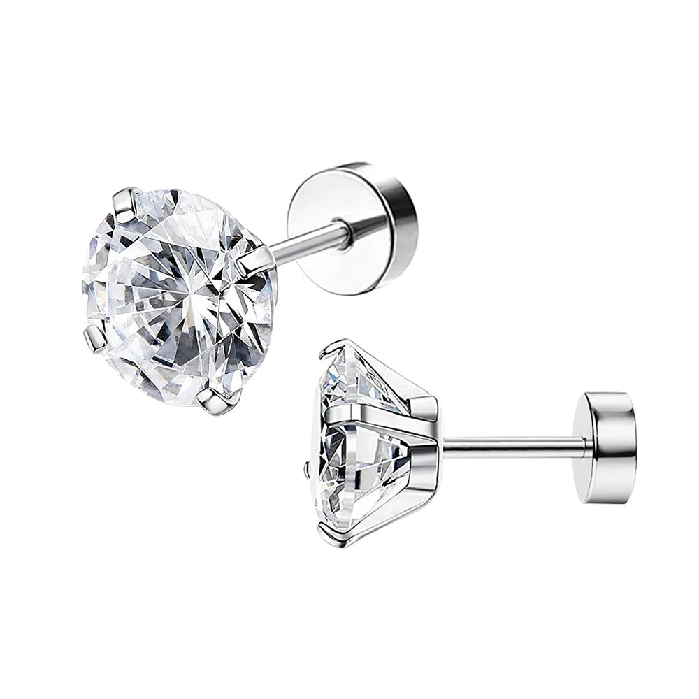 1 Pair 3-8mm Classic Round/Flat Back Screw Stud Earrings for Women/Men Stainless Steel  Shiny Zircon Crystal Piercing Jewelry