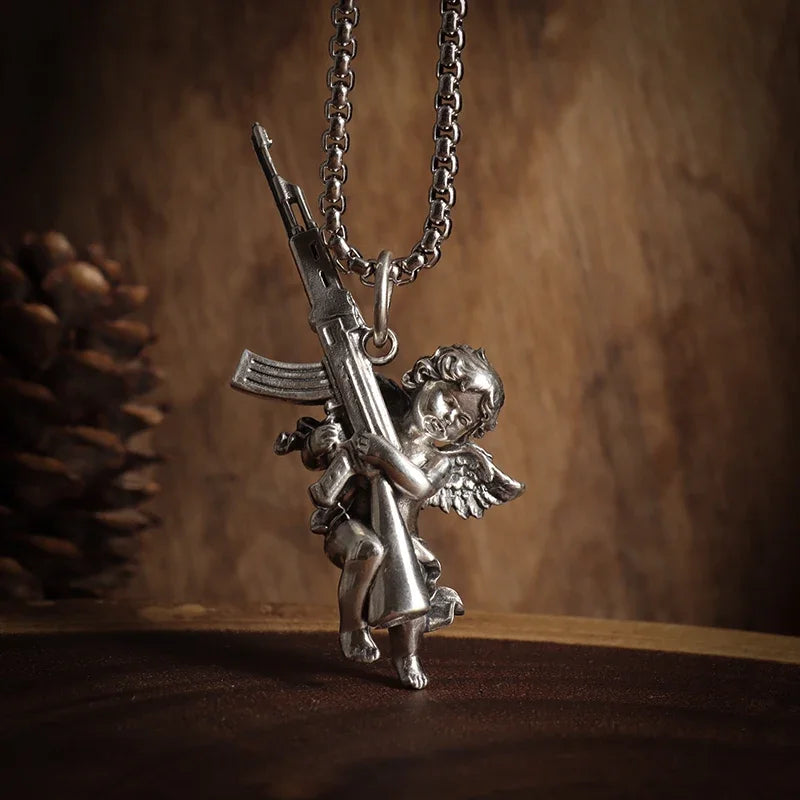 Avenging Angel Machine Gun Pendant Stainless Steel Necklace Suitable for Men and Women Hip-Hop Trendy Punk Jewelry Couple Gifts