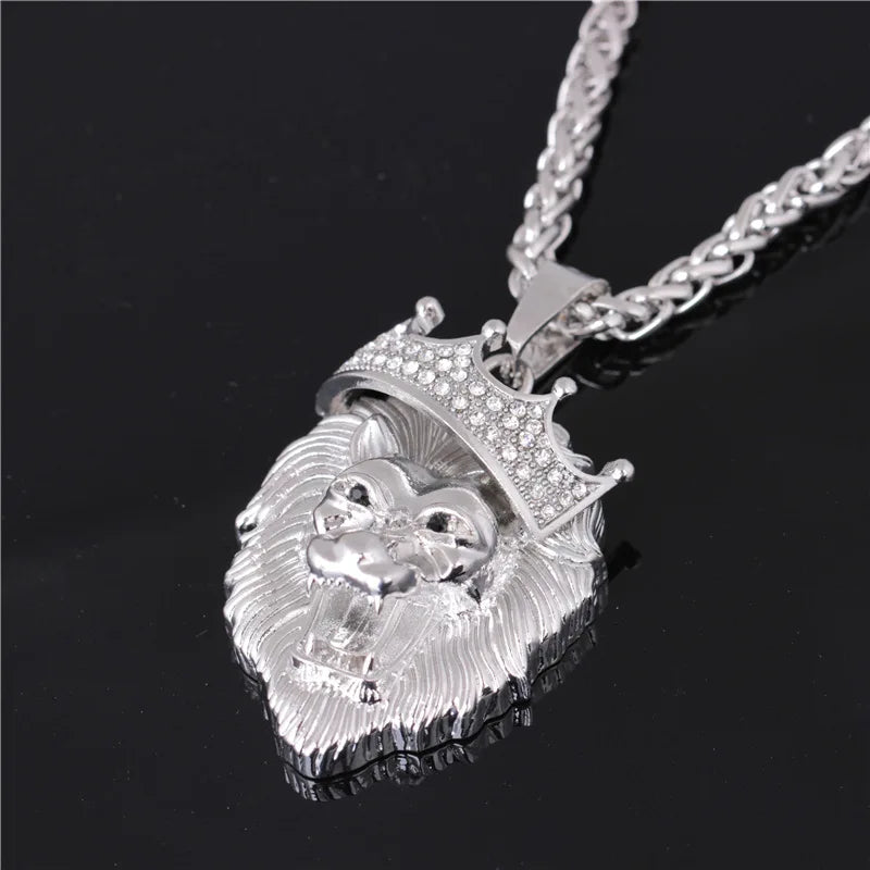 The Lion Head Alloy Men's Necklace Personality Crown Lion Hip Hop Rock Pendant Punk Fashion Jewelry Accessories