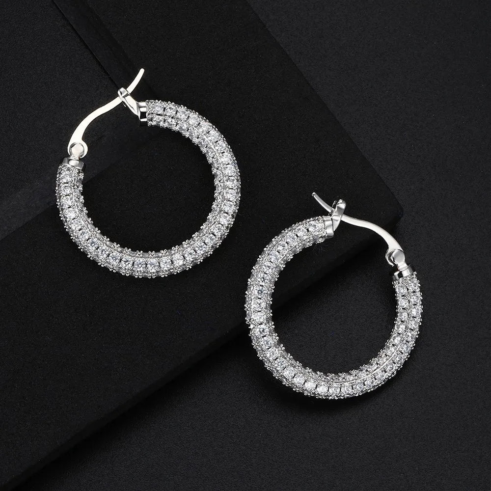 Two-Tone Iced Out Hoop Earrings CZ Silver Gold