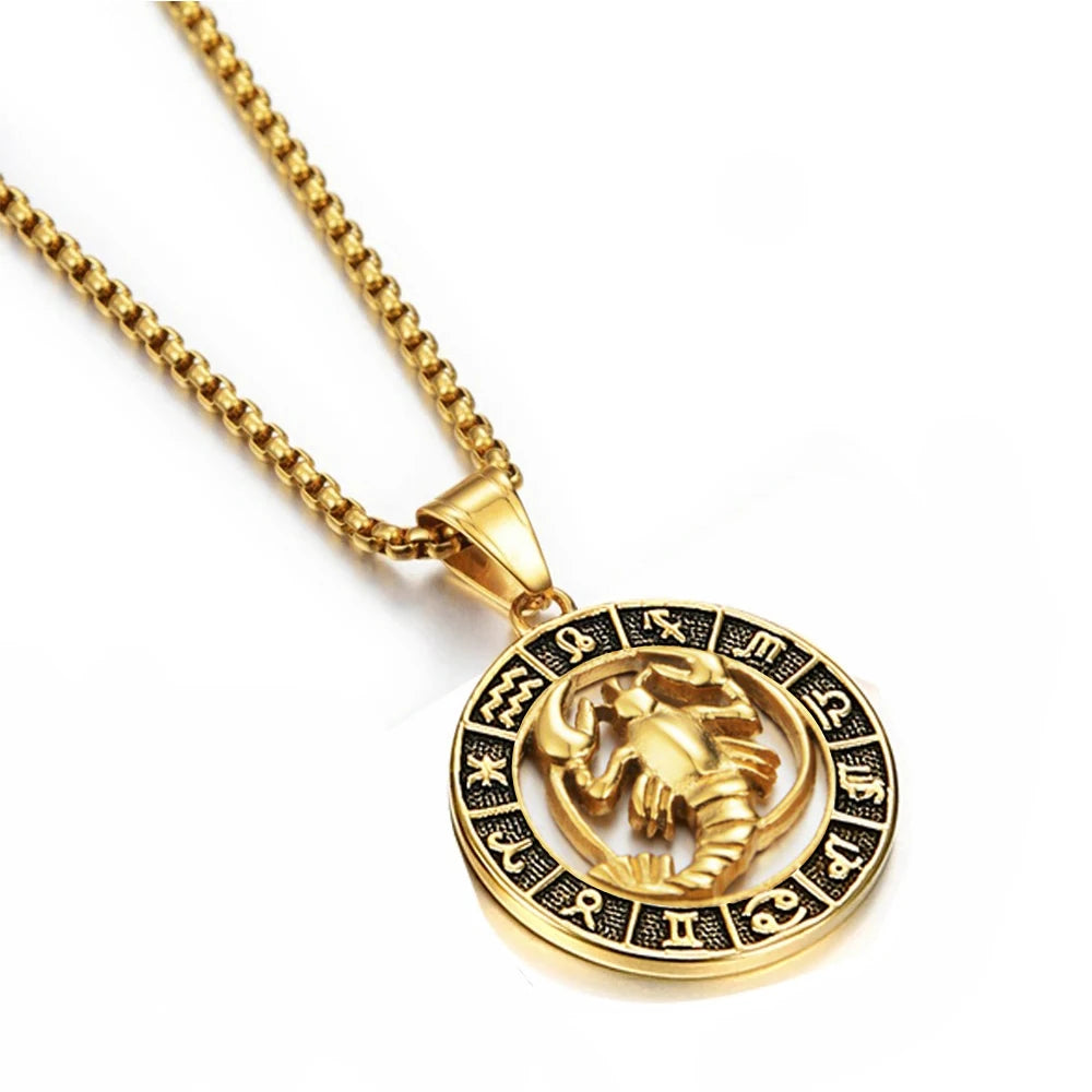 Zodiac Sign Leo Scorpio Pendant Necklace for Women/Men Gold Color Stainless Steel Round 12 Constellation Necklaces