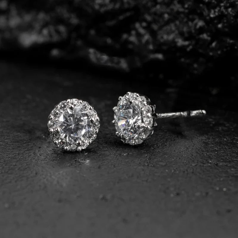 Iced Out Cubic Zircon Stud Earrings for Men & Women — Silver-Tone