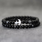 Cool 2Pcs/Set Anchor Stone Bracelet Man Howlite Obsidian Tiger Eyes Grade A Beaded Strand Braslet Fashion Boyfriend