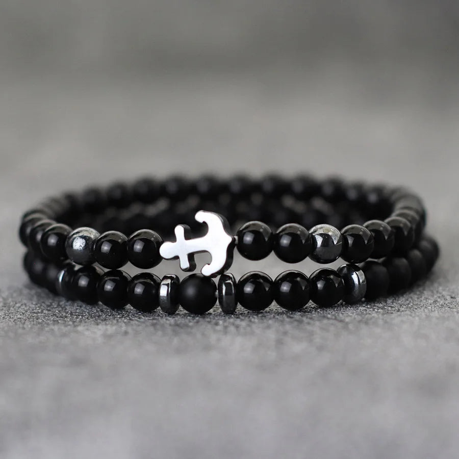 Cool 2Pcs/Set Anchor Stone Bracelet Man Howlite Obsidian Tiger Eyes Grade A Beaded Strand Braslet Fashion Boyfriend