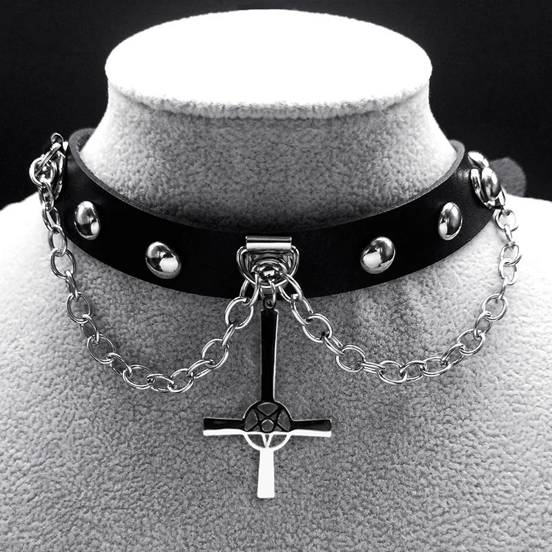 Gothic Cross Leather Choker Necklace — Stainless Steel