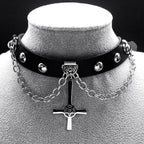 Gothic Cross Leather Choker Necklace — Stainless Steel