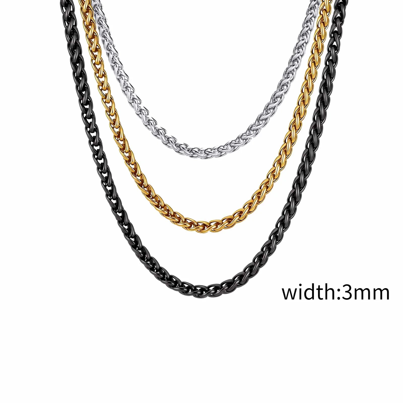 Stainless Steel Wheat Chain Necklace for Men Boys,3mm Silver Gold Black Color Chain Link Collars,Rock Punk Jewelry Gift