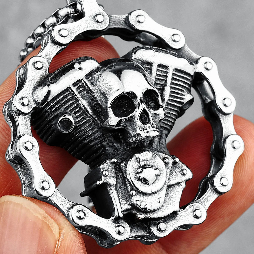 Retro Skull Engine Necklace Chain Machine 316L Stainless Steel Men Skeleton Pendant Rock Punk for Male Biker Rider