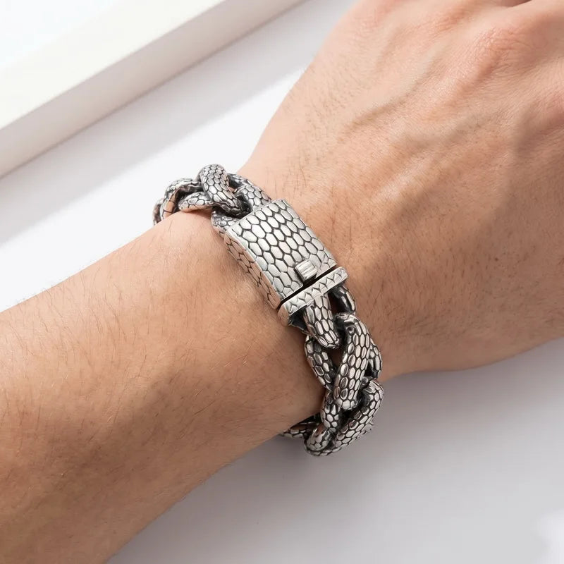Kalen Snake Skin Cuban Link Men's Bracelet Punk Heavy Stainless Steel Motorcycle Jewelry Vintage Metal Accessory Gift
