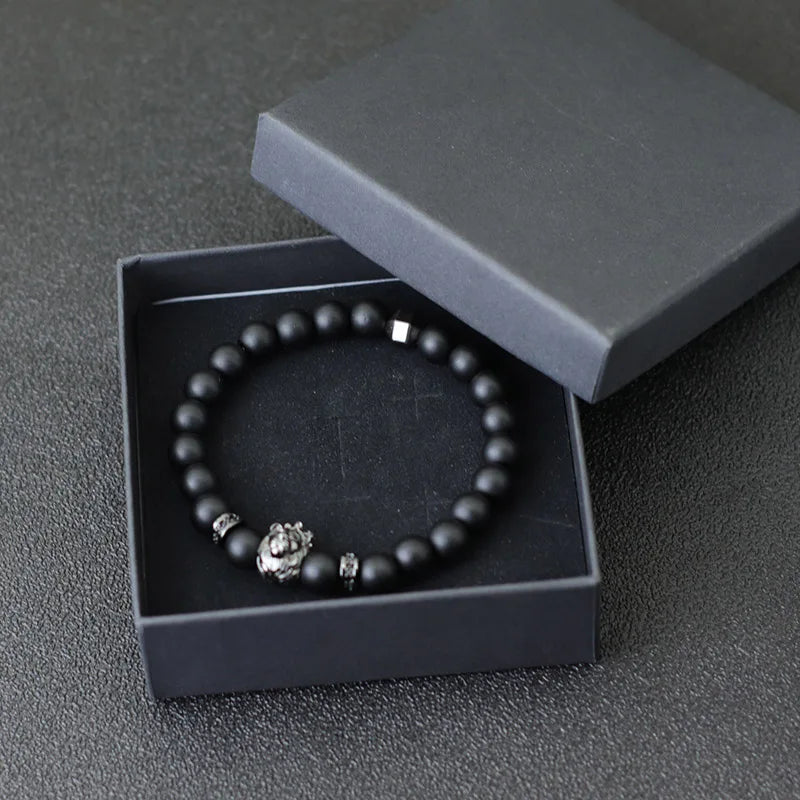 Noter Hiphop Men Bracelet Beaded 8mm Onyx Stone Braclet Wolf Lion Animal Braslet Punk Jewelry Pirate Skull Brazalete