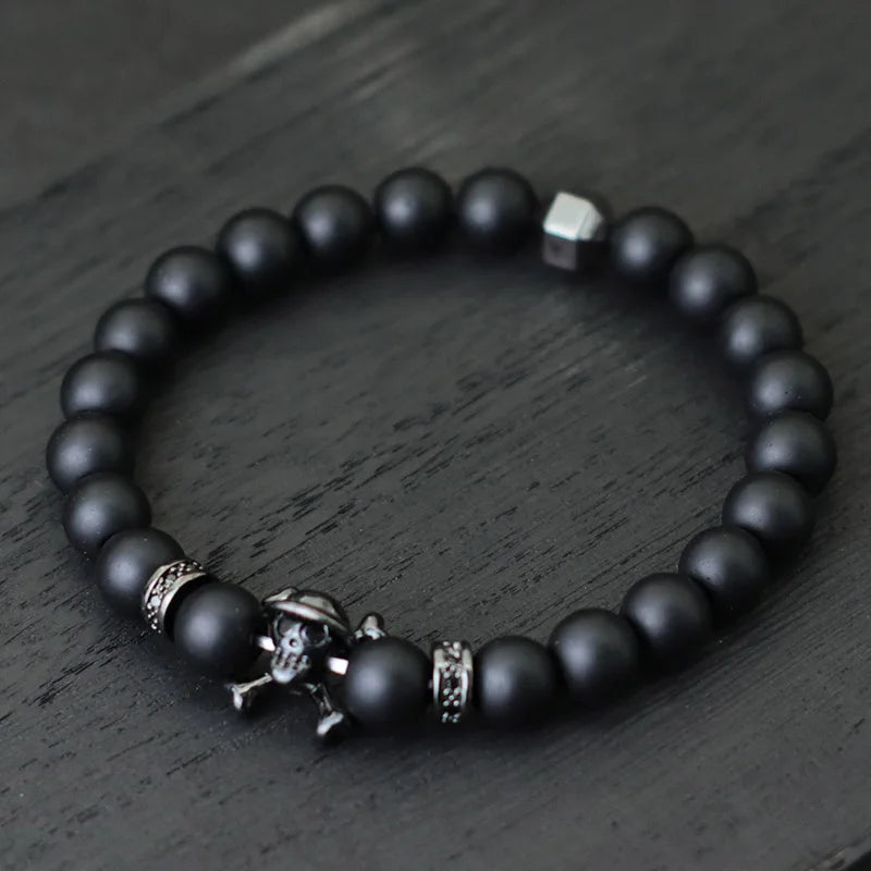 Noter Hiphop Men Bracelet Beaded 8mm Onyx Stone Braclet Wolf Lion Animal Braslet Punk Jewelry Pirate Skull Brazalete