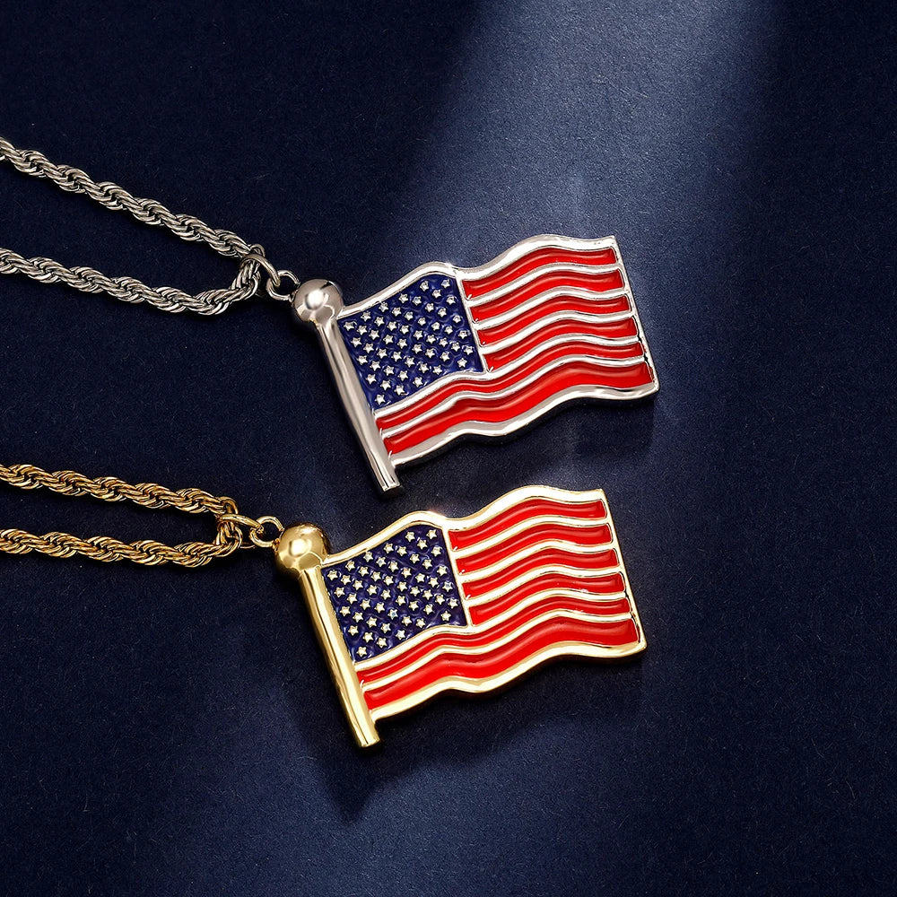 Gold US Flag Pendant Necklace Stainless Steel