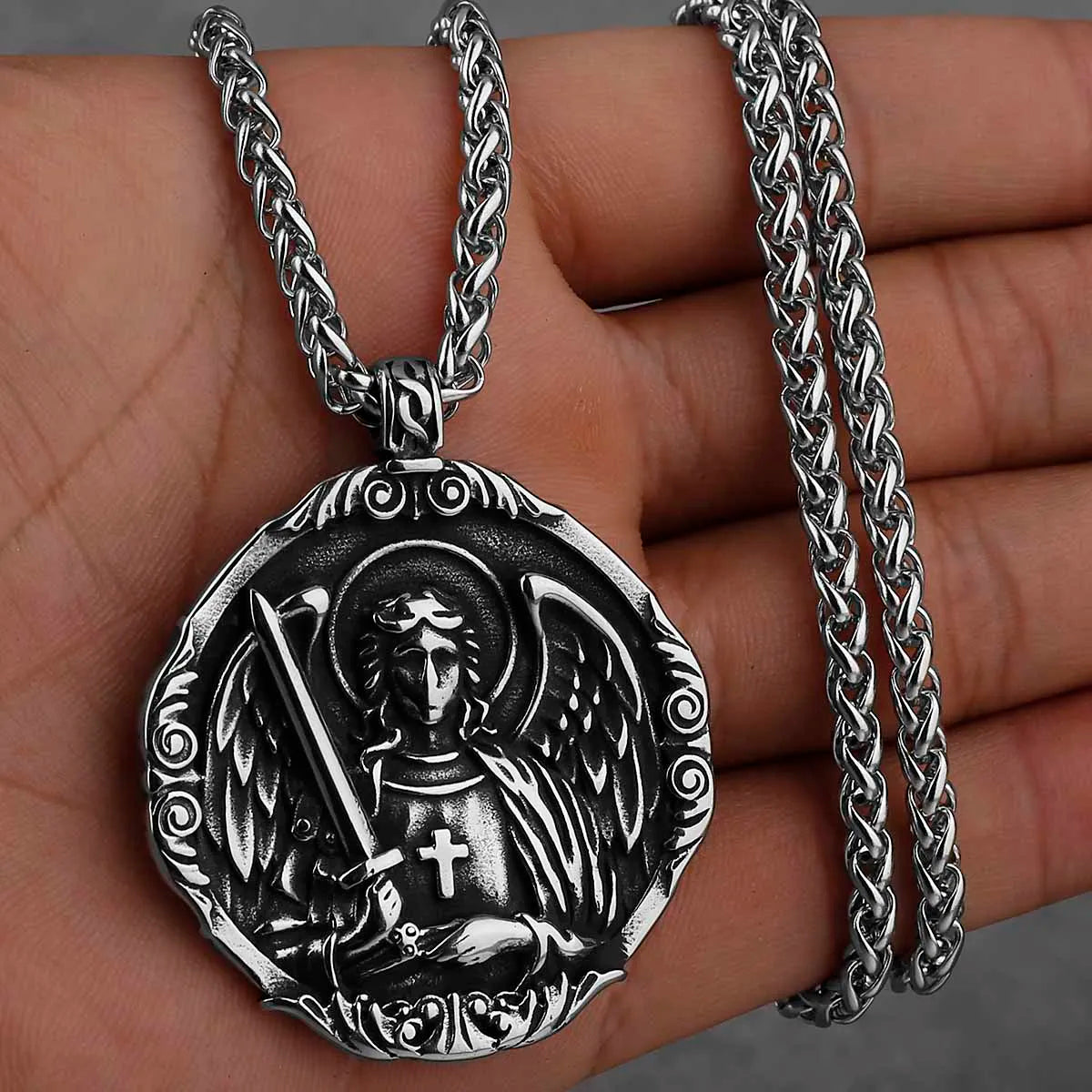 St. Michael Archangel Cross Protection American Pendant Men's Women's Vintage Charm Pendant Necklace Stainless Steel Jewelry