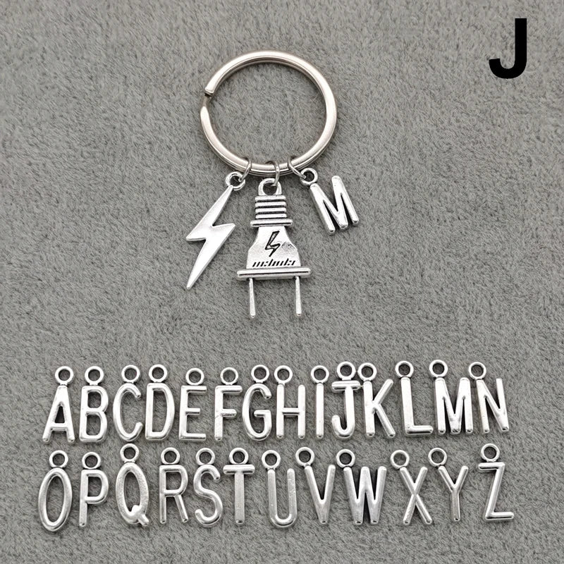 Fashion A-Z Letter Charm Lightning Bolt Plug Electrician Keychain for Electrical Worker Bag Car Keyring Gifts