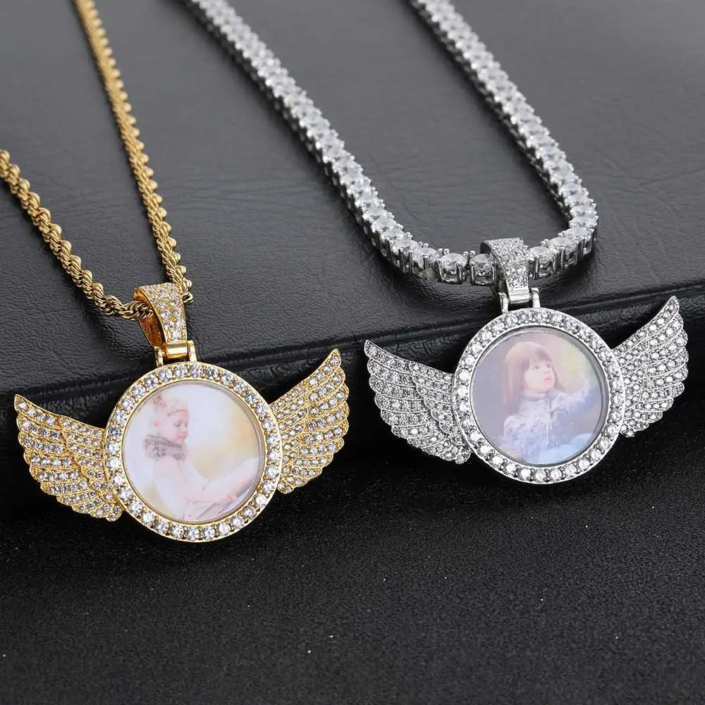 Angel Wing Photo Pendant Necklace Iced Out CZ
