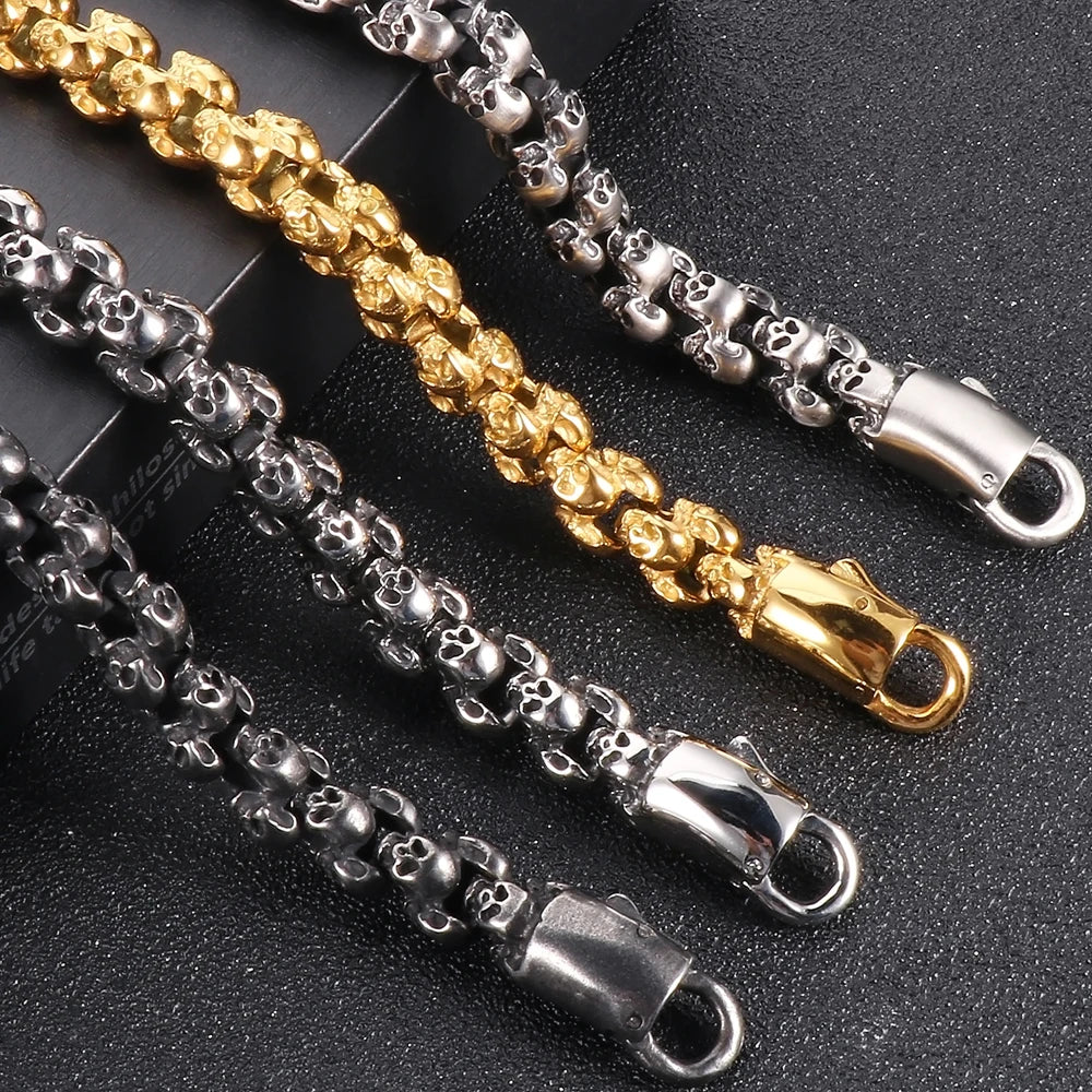 12MM Width Men's Stainless Steel Skull Head Link Chain Necklace Punk Rock On Neck Skeleton Jewelry Gothic Style