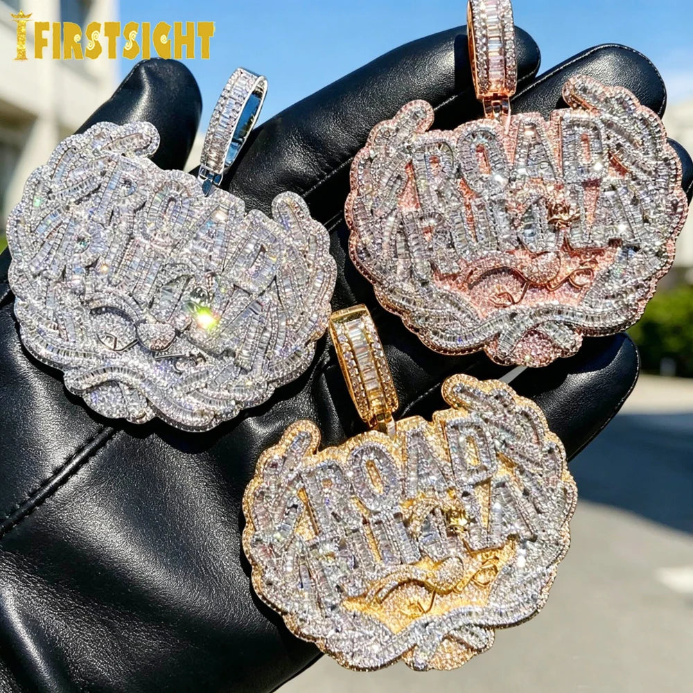 New Iced Out Bling CZ Letter Road Runna Pendant Necklace Cubic Zirconia Two Tone Color Badge Charm Men Fashion Hip Hop