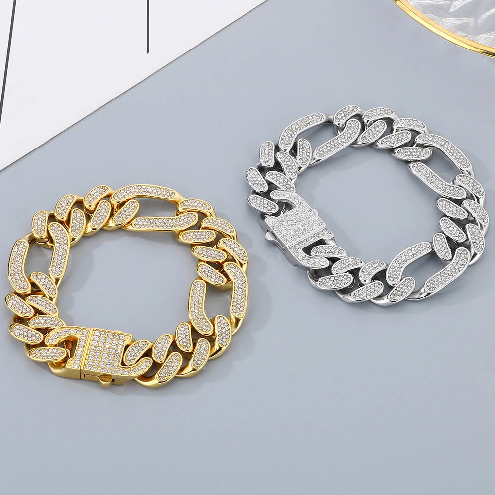 Hip-Hop Jewelry CZ Cuban Chain Man Bracelet Necklace Set Luxury Gold Color 60CM Long Stainless Steel Men's Necklace &