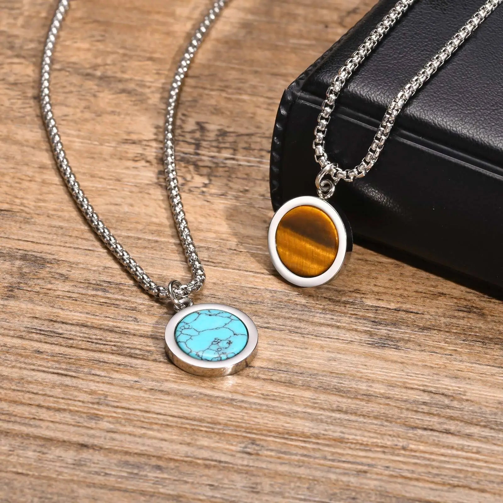 Tiger Eye Round Stone Pendant — Stainless
