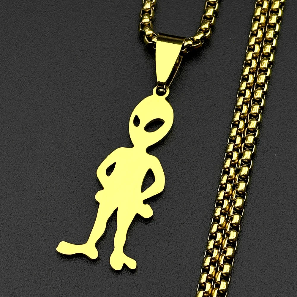 Funny Alien Yeah Pendant Necklace For Women Men Stainless Steel Silver Color Goth Streetwear Rapper Jewelry Chain