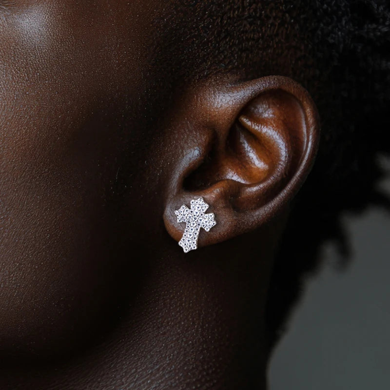 Iced Out Cross Stud Earrings — 925 Silver
