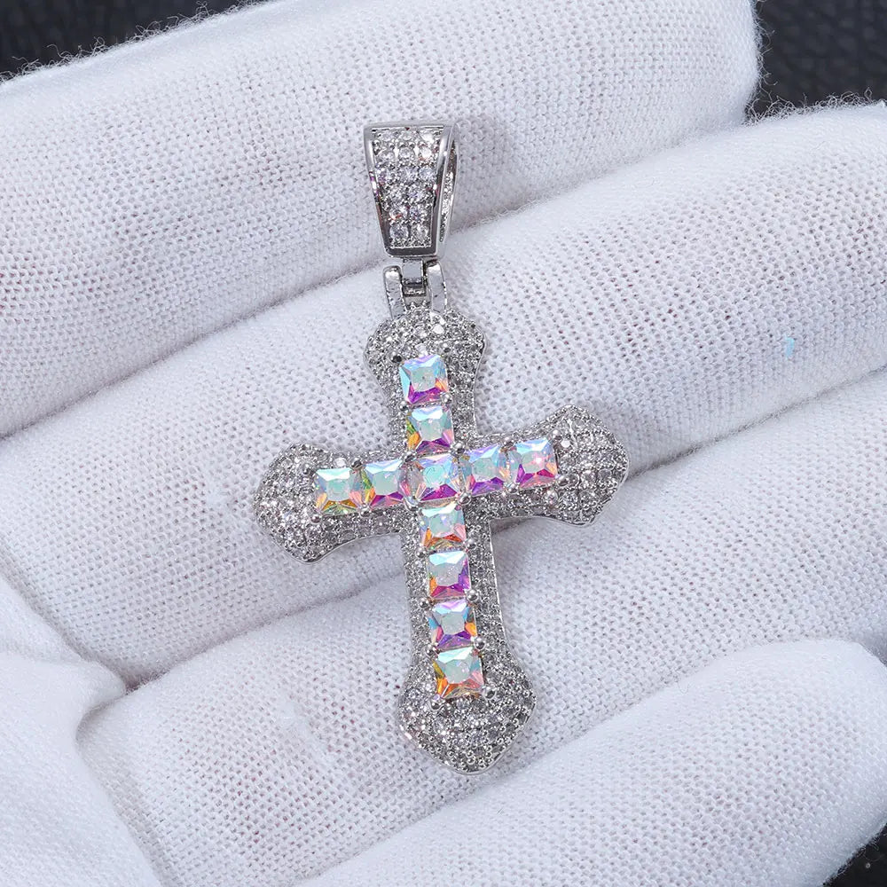 Cross Pendant Necklace Iced Out Colored CZ
