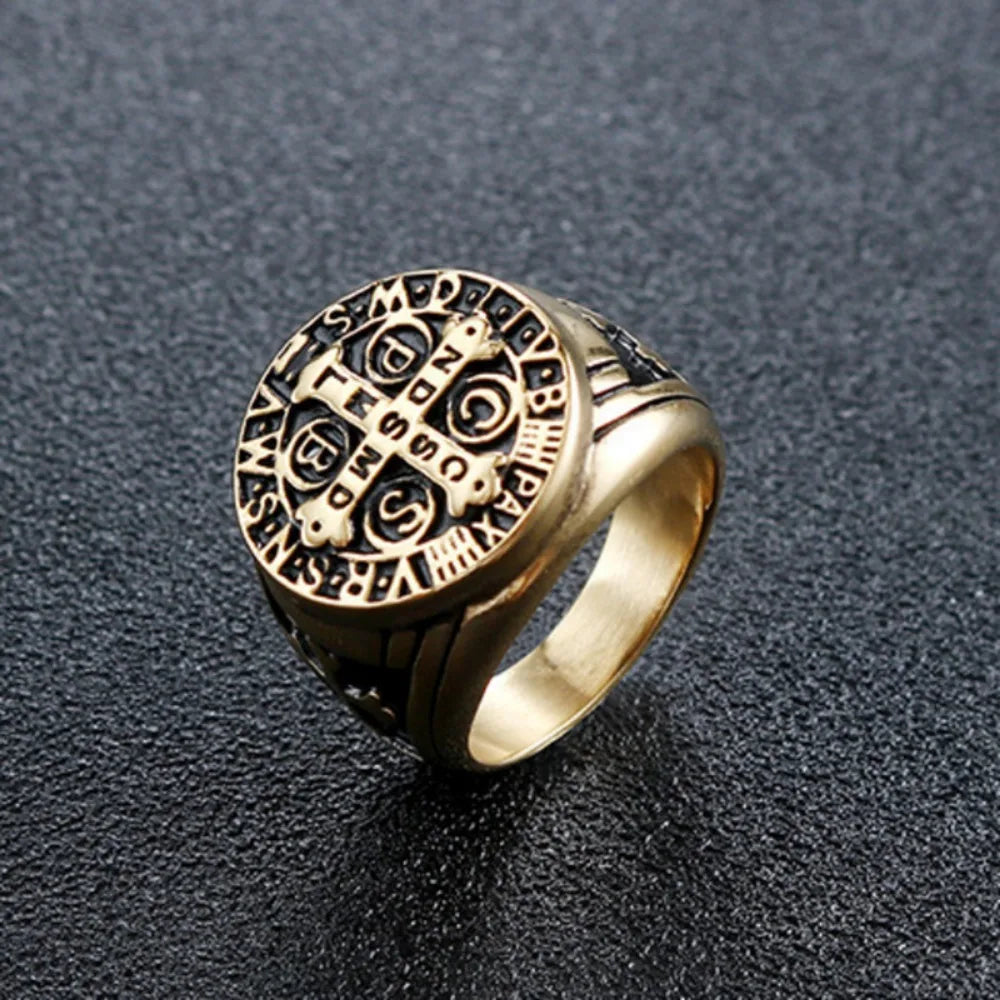 New Vintage Religious St. Benedict's Cross Ring Catholic Exorcism Church Men's Punk Niche Party Trend Metal Ring