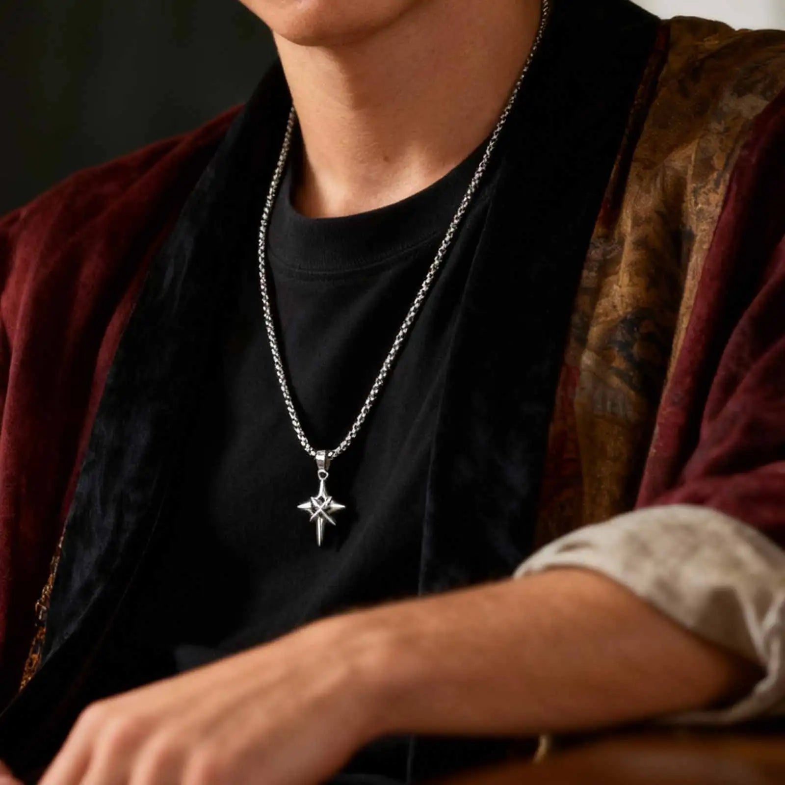 Minimalist Fashion Black Zircon Star Cross Pendant Stainless Steel Necklace for Men, Punk Hip Hop Jewelry Gifts