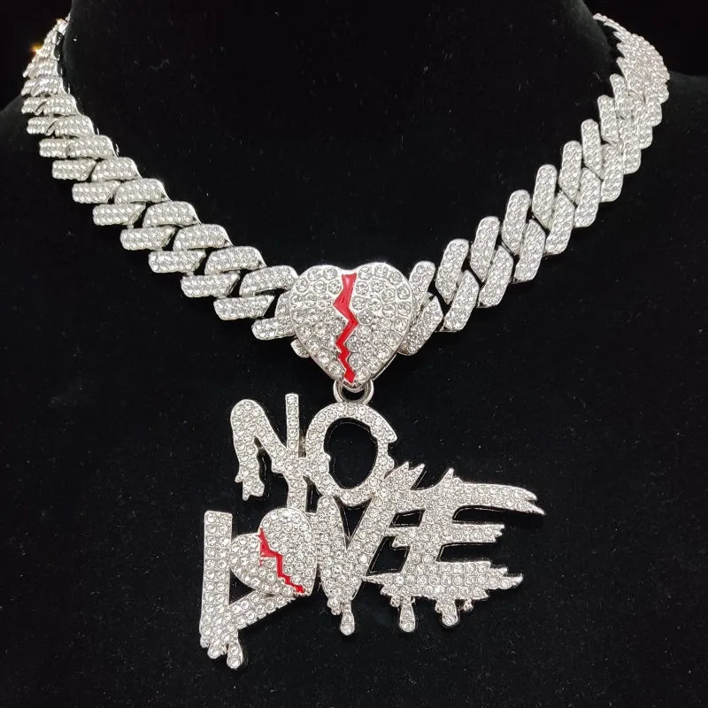 Men Women Hip Hop No Love Heart Pendant Necklace with 14mm Cuban Chain HipHop Iced Out Bling Hiphop Necklaces Fashion