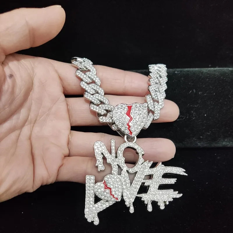 Men Women Hip Hop No Love Heart Pendant Necklace with 14mm Cuban Chain HipHop Iced Out Bling Hiphop Necklaces Fashion