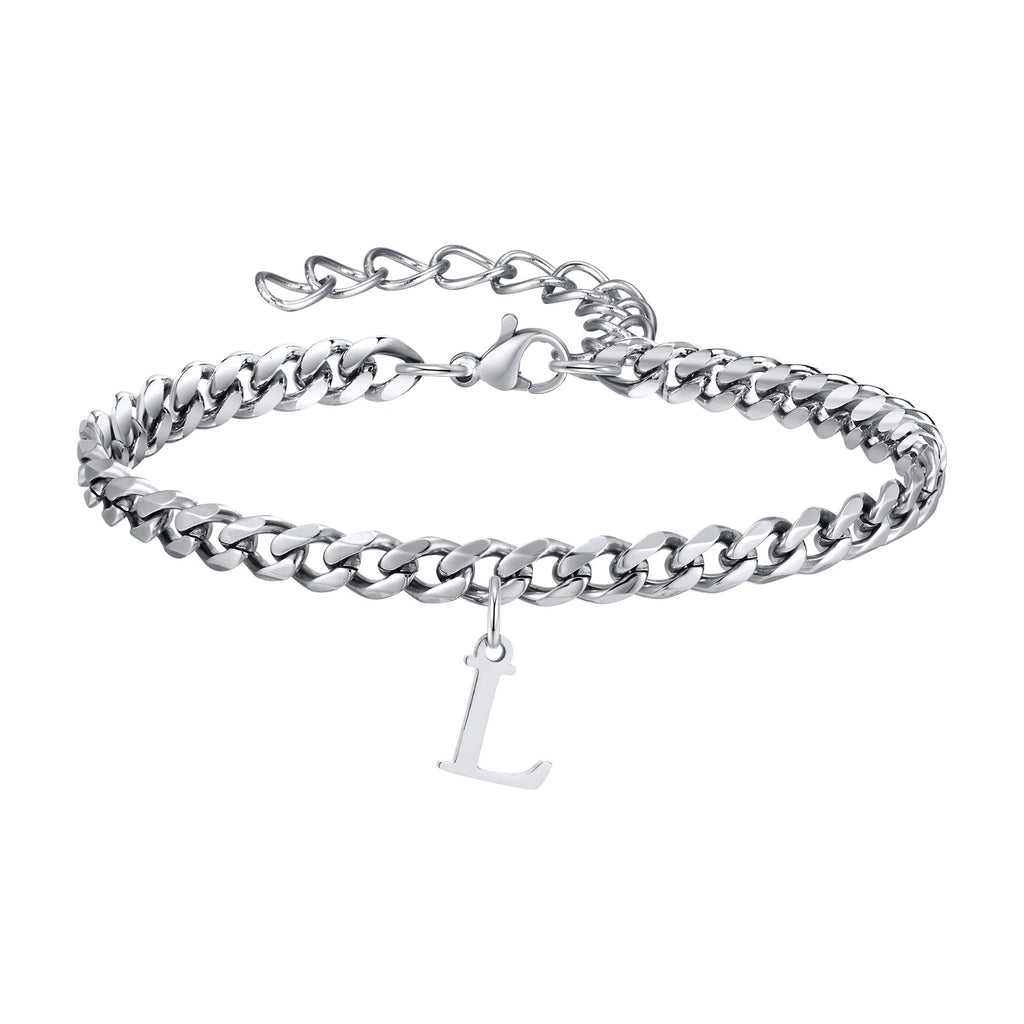 Vnox A-Z Initial Bracelets for Men Women, Never Fade Silver Color Stainless Steel Cuban Chain Bracelet with 26 Letter
