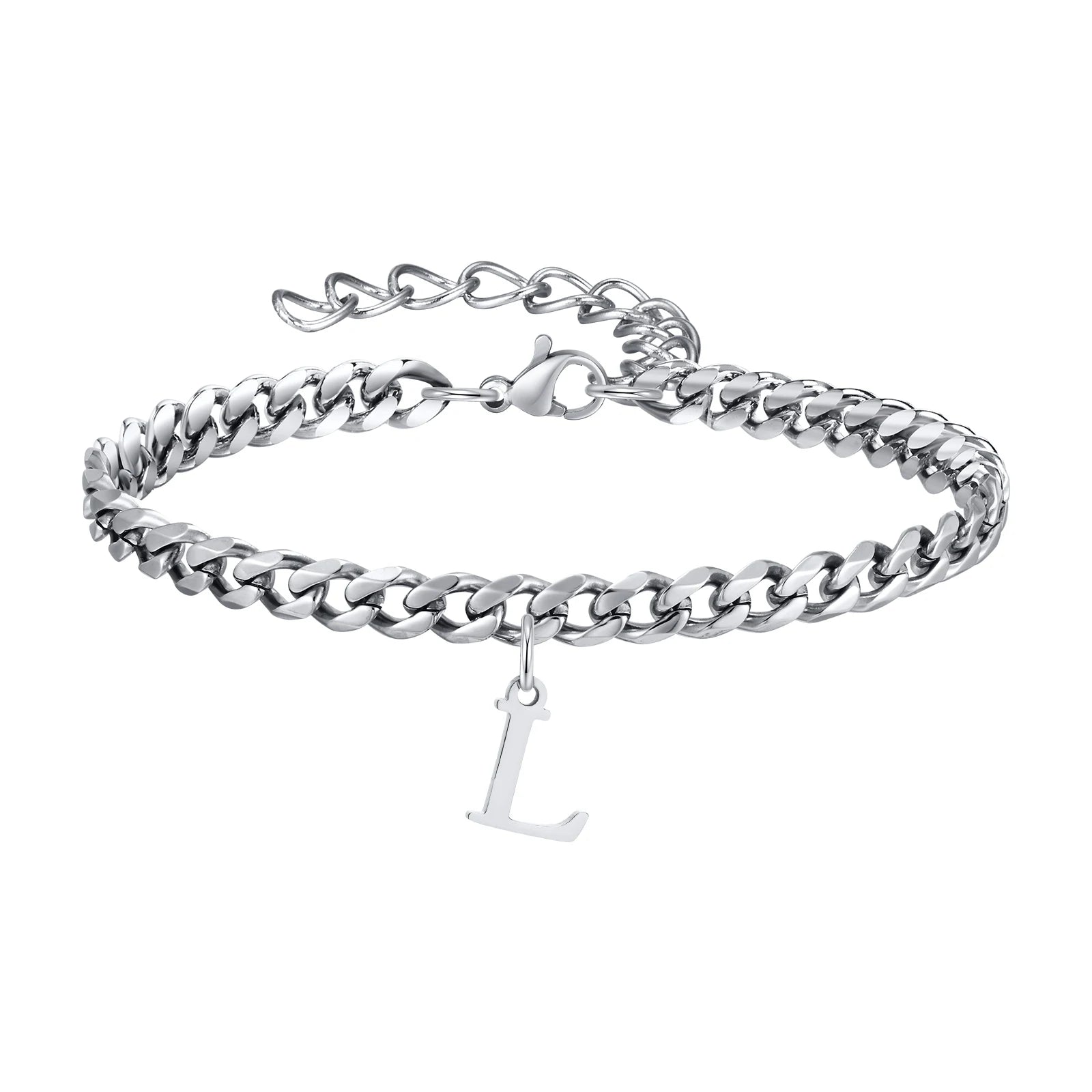 Vnox A-Z Initial Bracelets for Men Women, Never Fade Silver Color Stainless Steel Cuban Chain Bracelet with 26 Letter