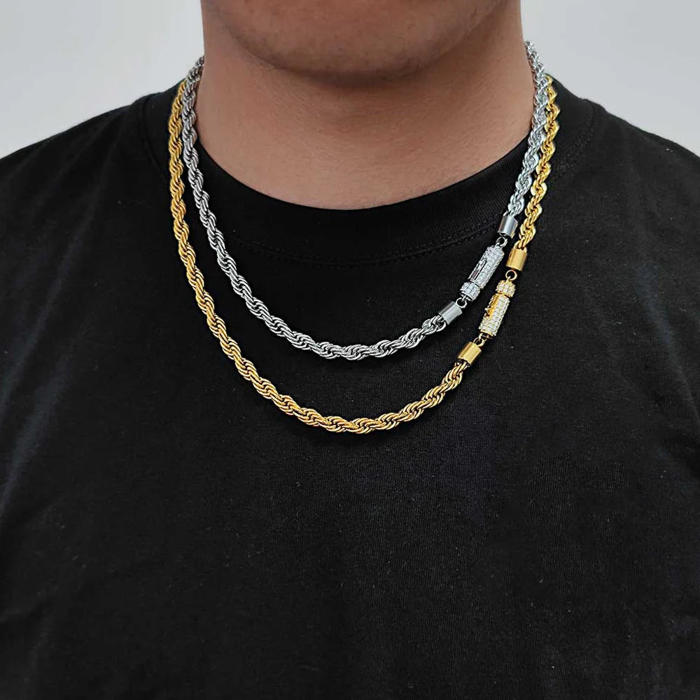 6mm Stainless Steel Rope Chain Necklace With Iced Out CZ Clasp Hip Hop Link For Women/Men