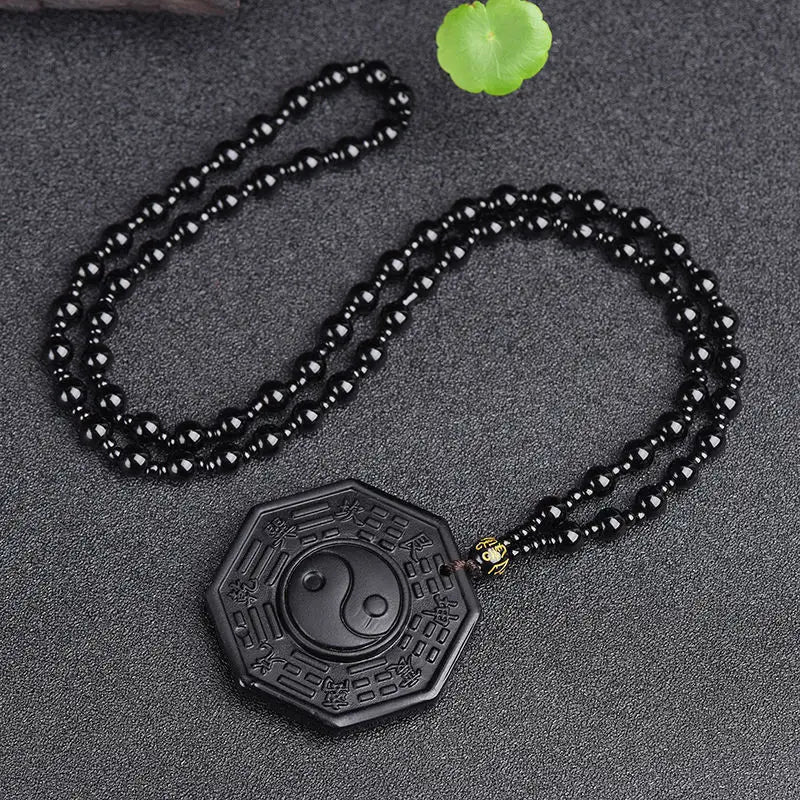 Obsidian Yin Yang Necklace Black Gemstone Amulet Protection Pendant With Adjustable Bead Chain Chinese Feng Shui