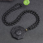Obsidian Yin Yang Necklace Black Gemstone Amulet Protection Pendant With Adjustable Bead Chain Chinese Feng Shui