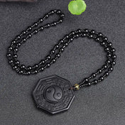 Obsidian Yin Yang Beaded Pendant Necklace — Black