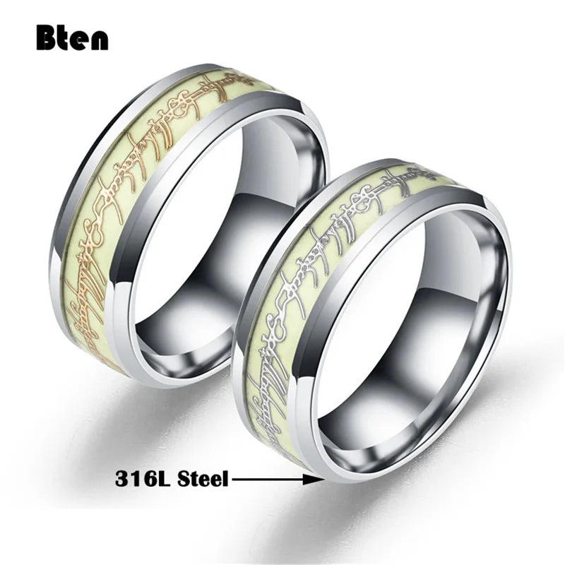 Bten Luminous Ring Black Fashion Man Minimalist Stainless Steel Ring Glowing Ring Couple In The Dark Jewelry Black