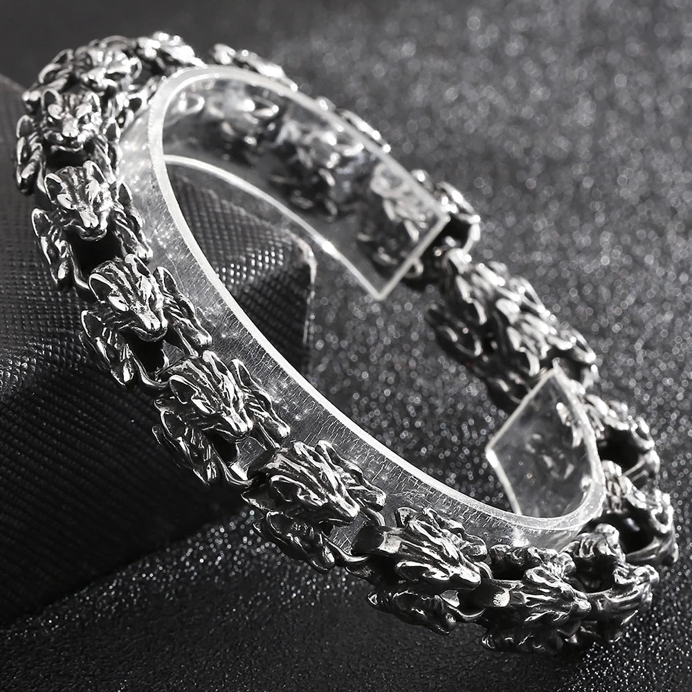 Gothic Stainless Steel Bracelets Man 12MM Wide Wolf Head Link Chain Bracelet for Men Wrist Strap Punk Nordic Viking