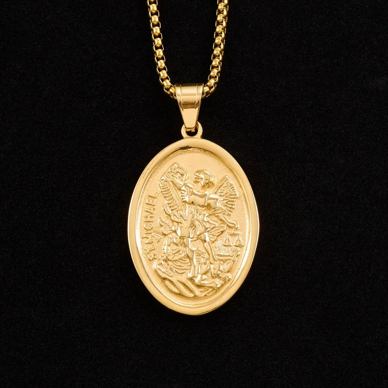 Catholic Saint Michael Round Pendant — Gold-Tone Metal