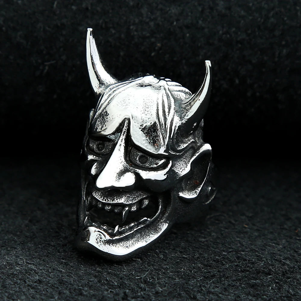 Mens Gothic Prajna Mask Ring Stainless Steel Japanese Samurai Skull Rings for Men Women Fashion Biker Jewelry Gift
